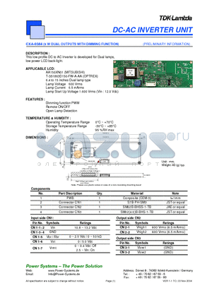 CXA-0384 datasheet - DC-AC INVERTER UNIT 8 W DUAL OUTPUTS WITH DIMMING FUNCTION