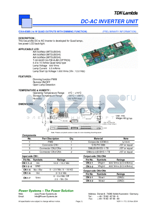 CXA-0385 datasheet - DC-AC INVERTER UNIT 16 W QUAD OUTPUTS WITH DIMMING FUNCTION