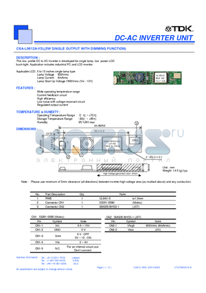 CXA-L0612A-VSL datasheet - DC-AC INVERTER UNIT 5W SINGLE OUTPUT WITH DIMMING FUNCTION