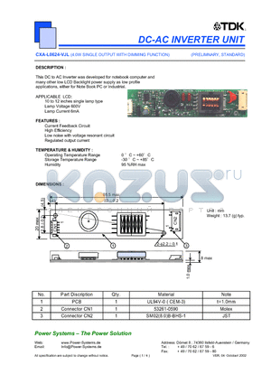 CXA-L0624-VJL datasheet - DC-AC INVERTER UNIT 4.0W SINGLE OUTPUT WITH DIMMING FUNCTION