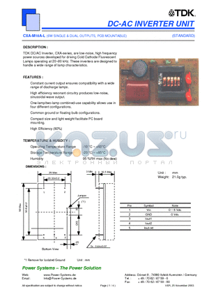 CXA-M10A-L datasheet - DC-AC INVERTER UNIT 6W SINGLE & DUAL OUTPUTS, PCB MOUNTABLE