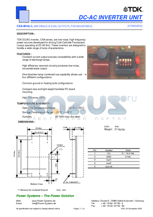 CXA-M10L-L datasheet - DC-AC INVERTER UNIT 6W SINGLE & DUAL OUTPUTS, PCB MOUNTABLE