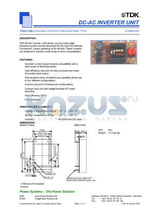 CXA-L10A datasheet - DC-AC INVERTER UNIT 4.5W DUAL OUTPUTS, PCB MOUNTABLE TYPE