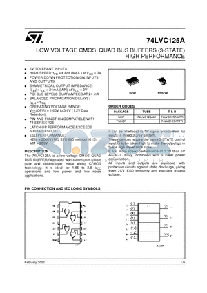 74LVC125ATTR datasheet - LOW VOLTAGE CMOS QUAD BUS BUFFERS (3-STATE) HIGH PERFORMANCE