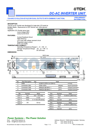 CXA-M1212-RJL datasheet - DC-AC INVERTER UNIT 5.0W DUAL OUTPUTS WITH DIMMING FUNCTION