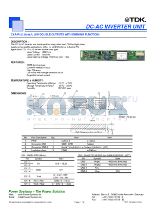 CXA-P1212A-WJL datasheet - DC-AC INVERTER UNIT 8W DOUBLE OUTPUTS WITH DIMMING FUNCTION