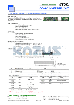 CXA-P1212C-WJL datasheet - DC-AC INVERTER UNIT 8W DUAL OUTPUTS WITH DIMMING FUNCTION