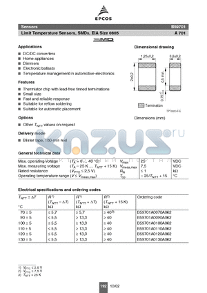 B59701 datasheet - Limit Temperature Sensors, SMDs, EIA Size 0805