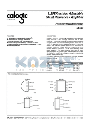 CL432 datasheet - 1.25VPrecision Adjustable Shunt Reference / Amplifier