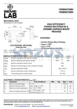 1N5804CSM4 datasheet - HIGH EFFICIENCY POWER RECTIFIER IN A CERAMIC SURFACE MOUNT PACKAGE