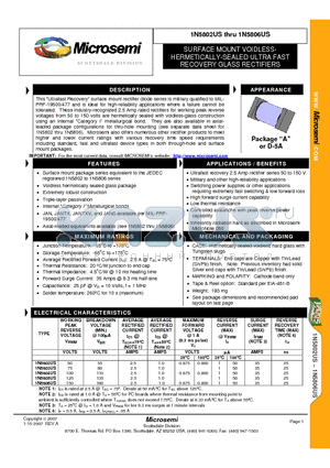 1N5804US datasheet - SURFACE MOUNT VOIDLESSHERMETICALLY- SEALED ULTRA FAST RECOVERY GLASS RECTIFIERS