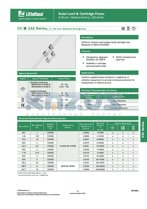 0232001.MXP datasheet - 232 Series, 5 x 20 mm, Medium-Acting Fuse