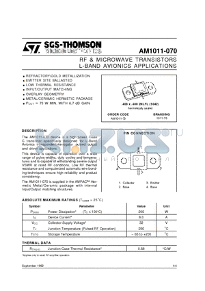 AM1011-070 datasheet - RF & MICROWAVE TRANSISTORS L-BAND AVIONICS APPLICATIONS