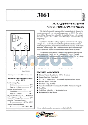 A3161EUA datasheet - HALL-EFFECT SWITCH FOR 2-WIRE APPLICATIONS