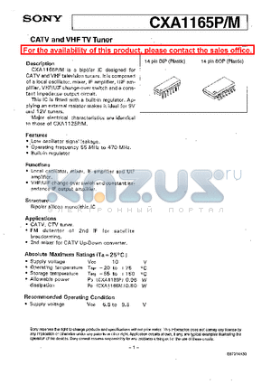 CXA1165P datasheet - CATV AND VHF TV TUNNER