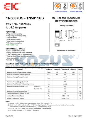 1N5807US datasheet - ULTRAFAST RECOVERY RECTIFIER DIODES