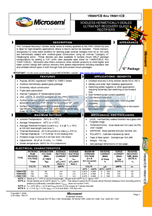 1N5809CB datasheet - VOIDLESS-HERMETICALLY-SEALED ULTRAFAST RECOVERY GLASS RECTIFIERS