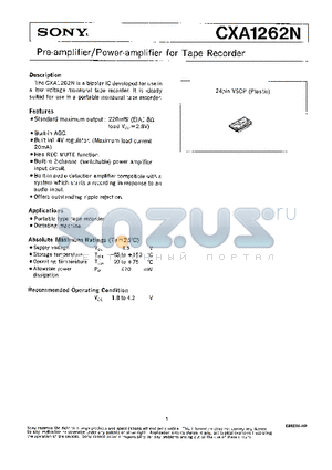 CXA1262 datasheet - PRE-AMPLIFIER/ POWER-AMPLIFIER FOR TAPE RECORDER