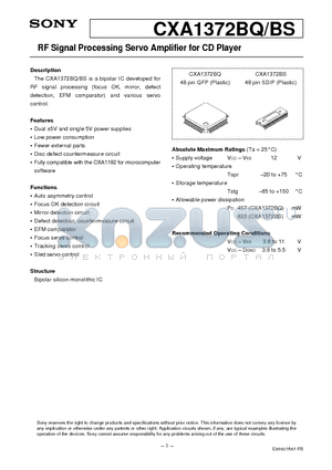 CXA1372BS datasheet - RF Signal Processing Servo Amplifier for CD Player