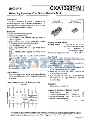 CXA1398P datasheet - RECORDING EQUALIZER IC FOR STEREO CASSETTE DECK