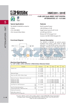 291E datasheet - 4 dB LSB GaAs MMIC 2-BIT DIGITAL ATTENUATOR, 0.7 - 4.0 GHz