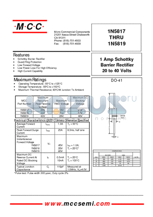 1N5817 datasheet - 1 Amp Schottky Barrier Rectifier 20 to 40 Volts