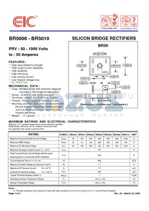 BR5001 datasheet - SILICON BRIDGE RECTIFIERS