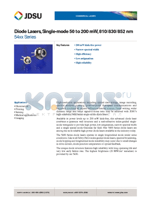 54-00211 datasheet - Diode Lasers, Single-mode 50 to 200 mW, 810/830/852 nm