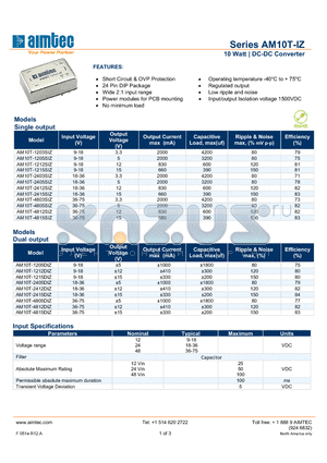 AM10T-IZ datasheet - 10 Watt | DC-DC Converter