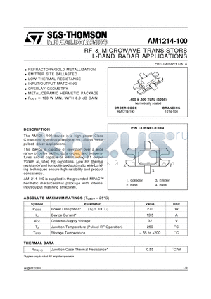 AM1214-100 datasheet - L-BAND RADAR APPLICATIONS RF & MICROWAVE TRANSISTORS