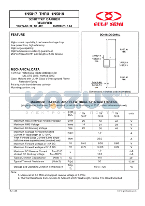 1N5817 datasheet - SCHOTTKY BARRIER RECTIFIER VOLTAGE: 20 TO 40V CURRENT: 1.0A