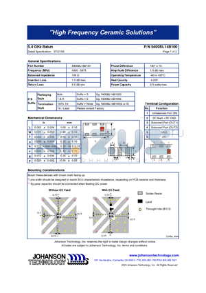 5400BL14B100 datasheet - 5.4 GHz Balun