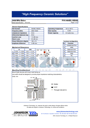 5400BL15B050 datasheet - 5400 MHz Balun