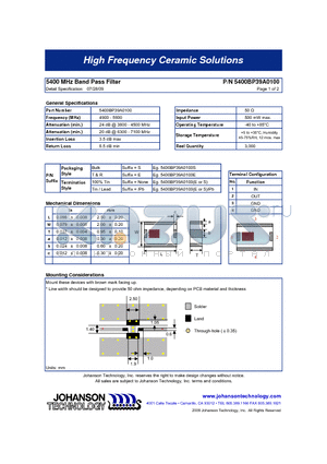 5400BP39A0100 datasheet - 5400 MHz Band Pass Filter