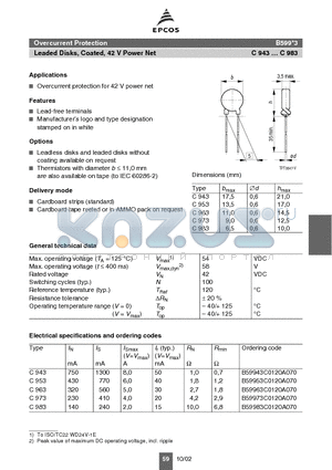 B59943 datasheet - Overcurrent Protection Leaded Disks, Coated, 42 V Power Net