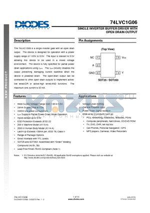 74LVC1G06W5 datasheet - SINGLE INVERTER BUFFER/DRIVER WITH OPEN DRAIN OUTPUT