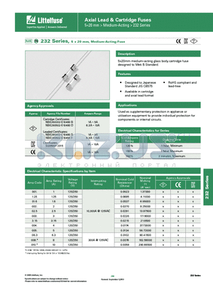 0233001.MXE- datasheet - 232 Series, 5 x 20 mm, Medium-Acting Fuse