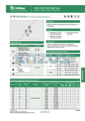 0233002.MXE- datasheet - 233 Series, 5 x 20 mm, Medium-Acting Fuse