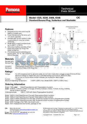 5406-0 datasheet - Standard Banana Plug, Solderless and Stackable