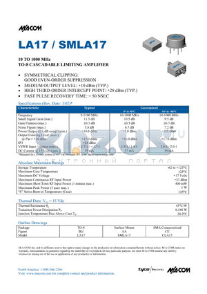 CLA17 datasheet - 10 TO 1000 MHz TO-8 CASCADABLE LIMITING AMPLIFIER