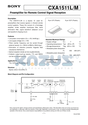 CXA1511L datasheet - Preamplifier for Remote Control Signal Reception