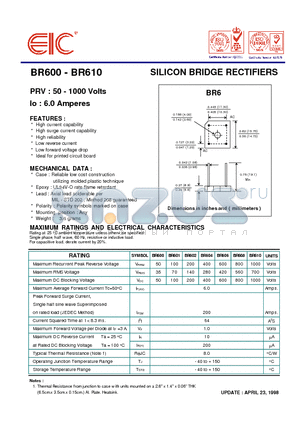 BR600 datasheet - SILICON BRIDGE RECTIFIERS