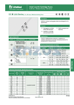 0233005.MXE- datasheet - 233 Series, 5 x 20 mm, Medium-Acting Fuse