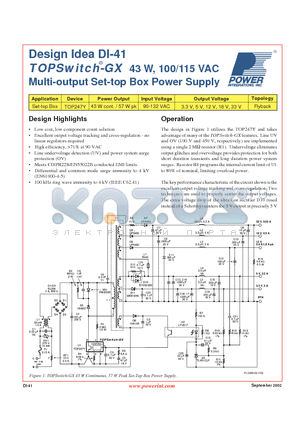 DI-41 datasheet - 43 W, 100/115 VAC Multi-output Set-top Box Power Supply