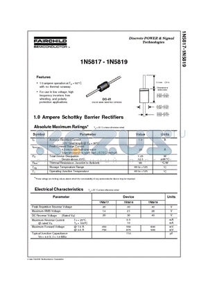1N5819 datasheet - 1.0 Ampere Schottky Barrier Rectifiers