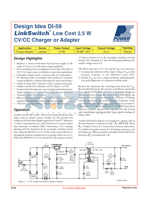 DI-59 datasheet - Low Cost 2.5 W CV/CC Charger or Adapter