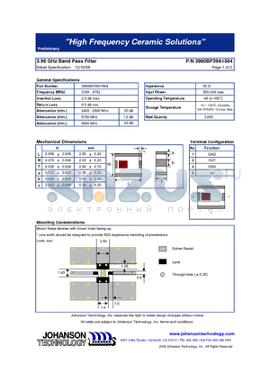 3960BP39A1584 datasheet - 3.96 GHz Band Pass Filter