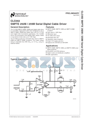CLC002 datasheet - SMPTE 292M / 259M Serial Digital Cable Driver