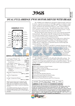 3968_03 datasheet - DUAL FULL-BRIDGE PWM MOTOR DRIVER WITH BRAKE