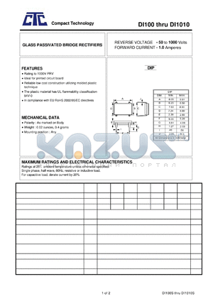 DI100 datasheet - GLASS PASSIVATED BRIDGE RECTIFIERS